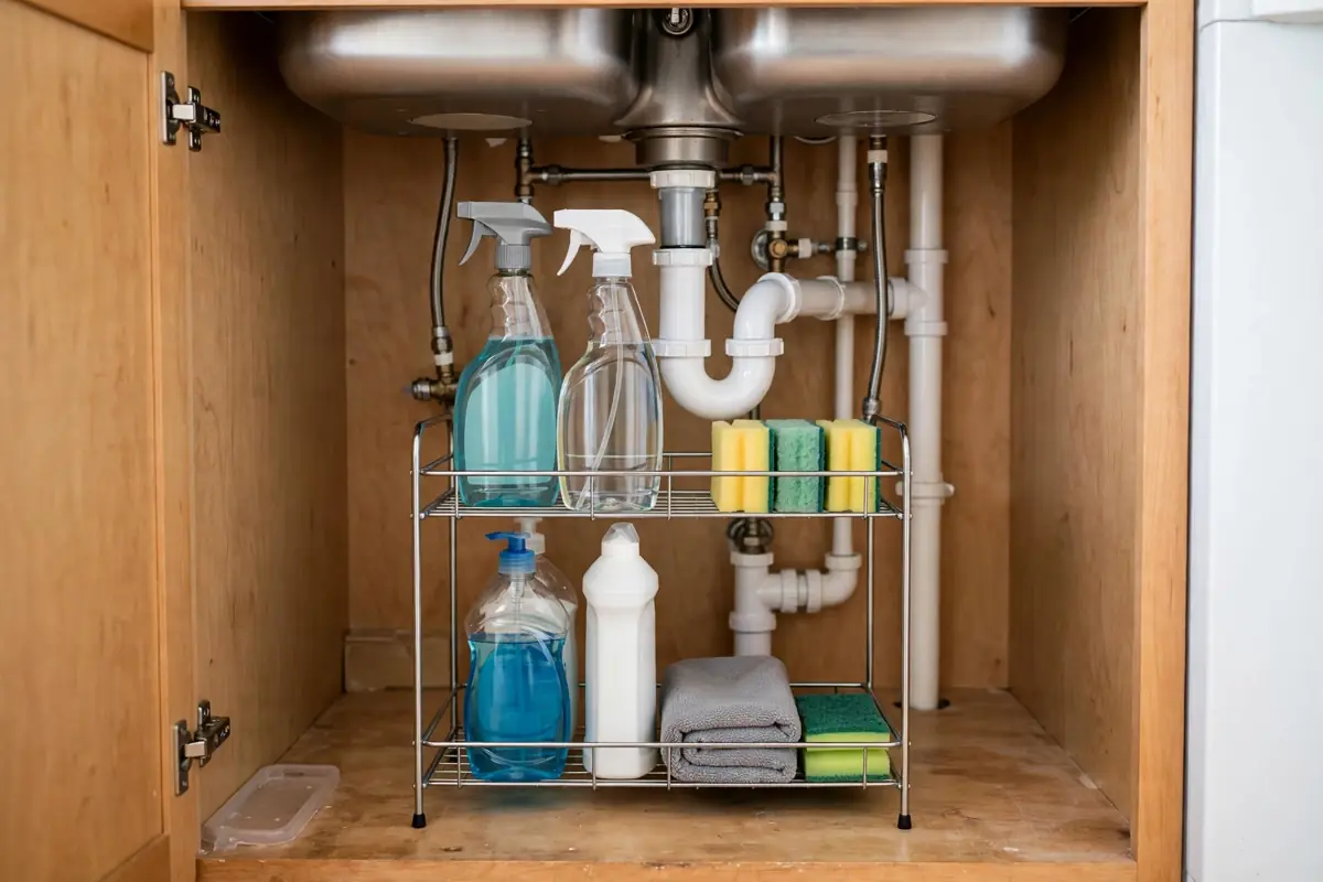 An open under-sink cabinet with a two-tier organizer, cleaning bottles and pipes visible
